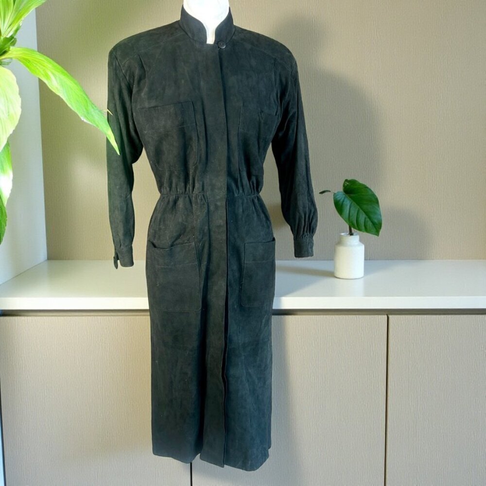 Albert Nipon Boutique Vintage 80s Designer Black Suede Shirt Dress Size 8